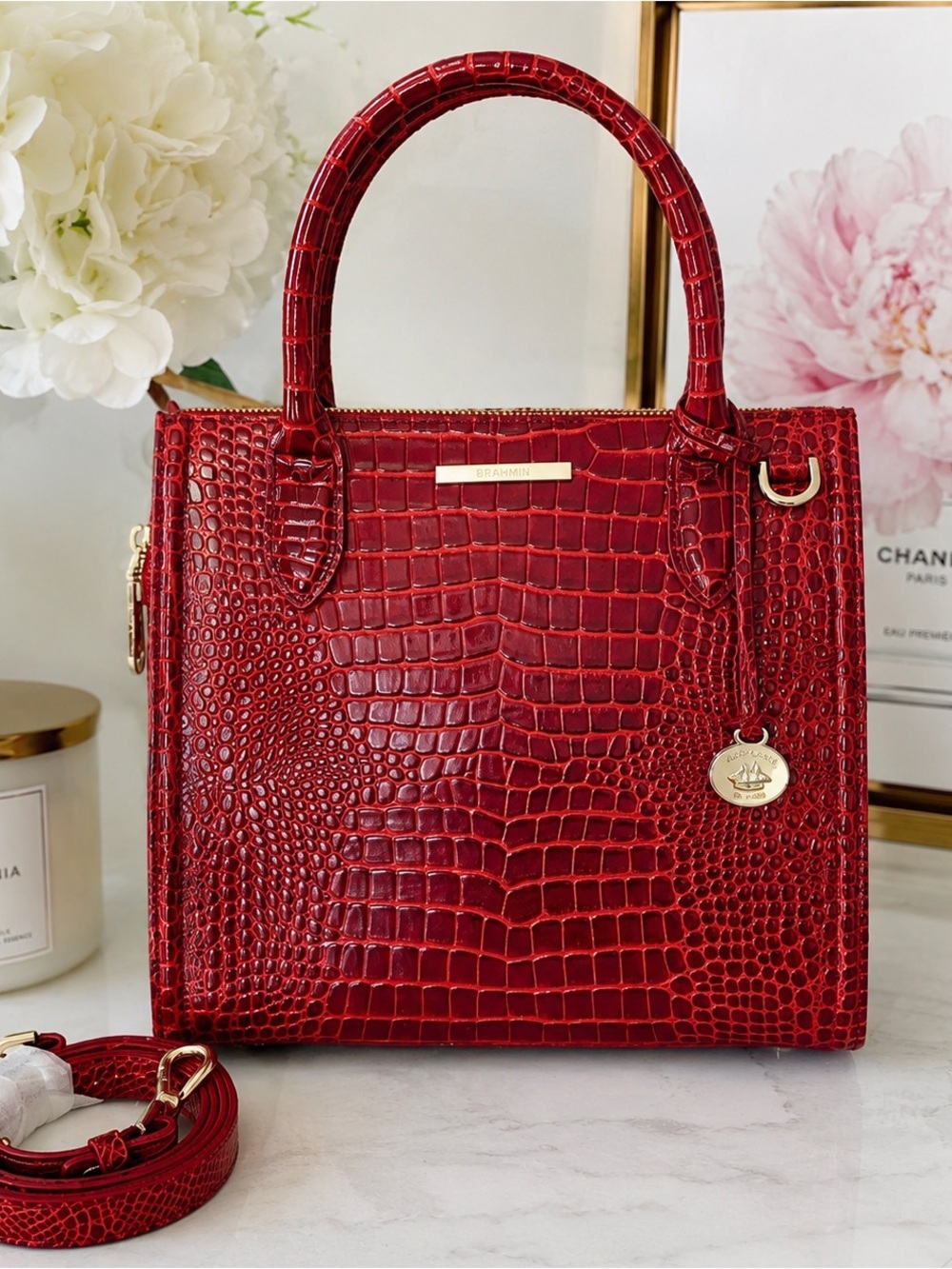 NWT Brahmin Caroline Satchel Red Glissandro Croc Embossed Leather Bag 🌺